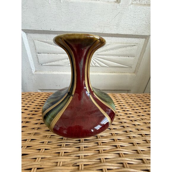 Vintage MCM Brown Green Gold Drip Pottery Fat Belly Vase 7" - Picture 6 of 9